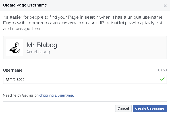 set usernama page fb